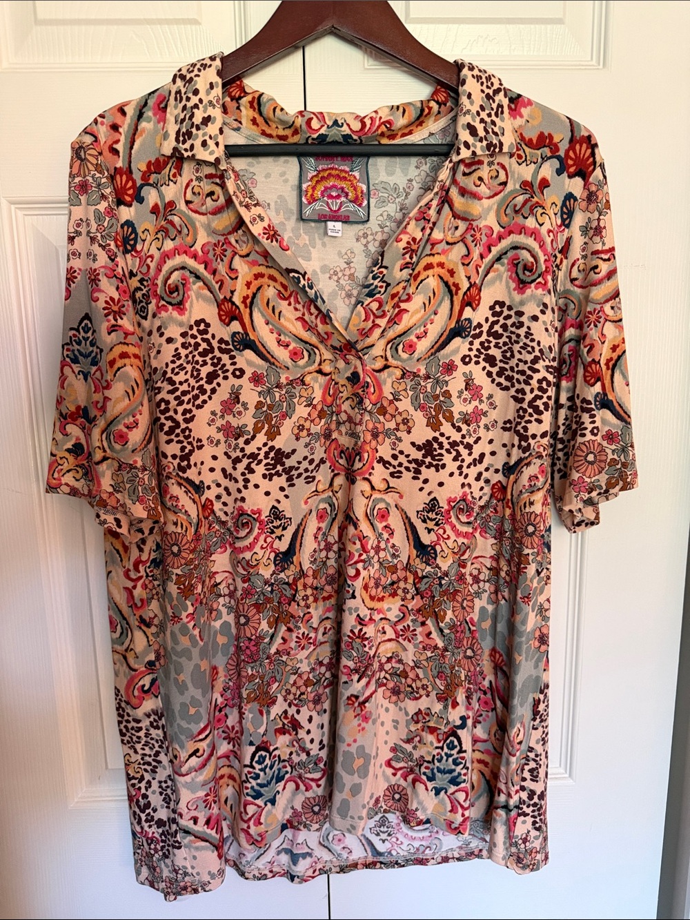 Johnny Was Multicolor Paisley Floral V-Neck Collared Tunic